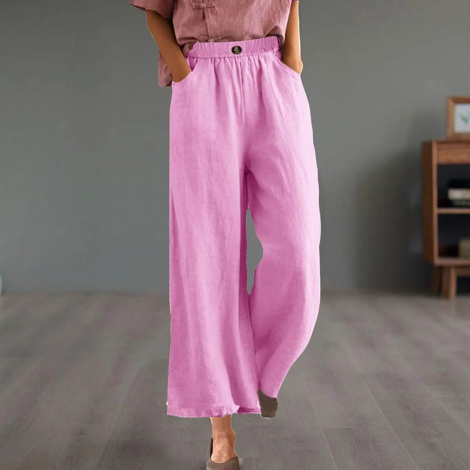 FZYLQY Womens Cotton Linen Pants Solid Button Elastic Waist Casual Wide Leg Trousers Loose Lightweight Comfy Lounge Pants