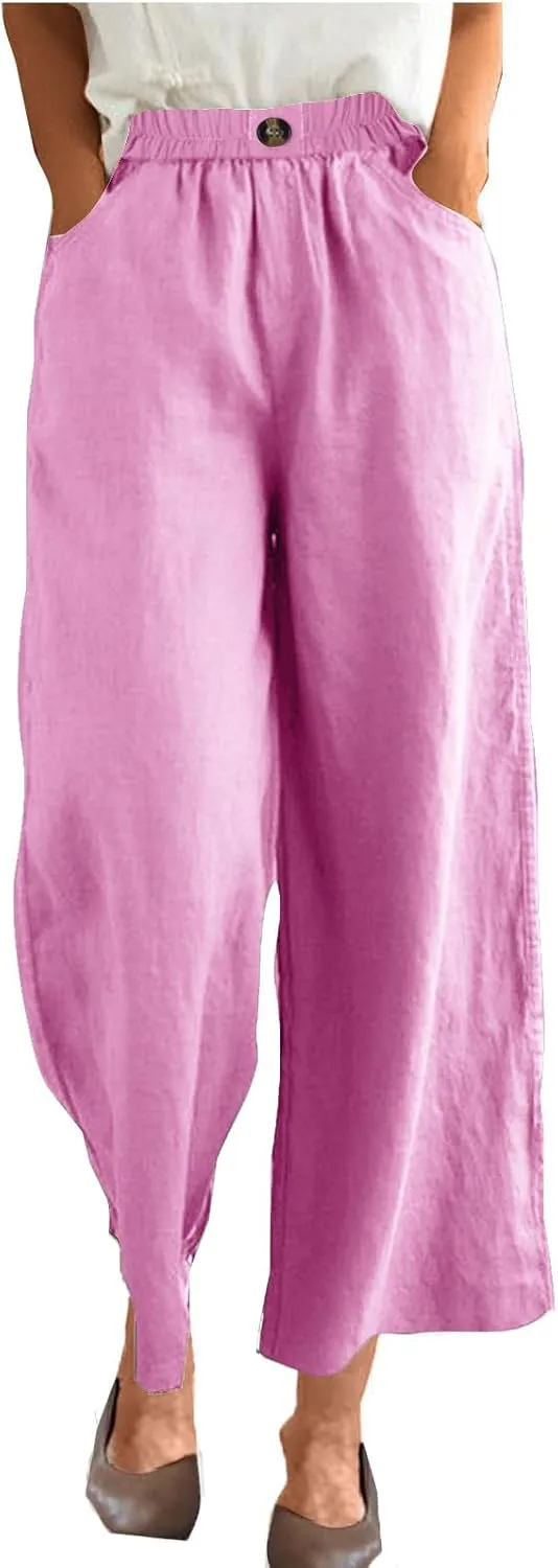 FZYLQY Womens Cotton Linen Pants Solid Button Elastic Waist Casual Wide Leg Trousers Loose Lightweight Comfy Lounge Pants