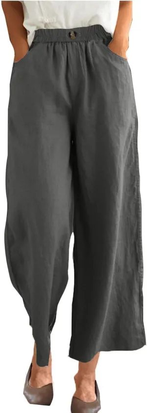 FZYLQY Womens Cotton Linen Pants Solid Button Elastic Waist Casual Wide Leg Trousers Loose Lightweight Comfy Lounge Pants