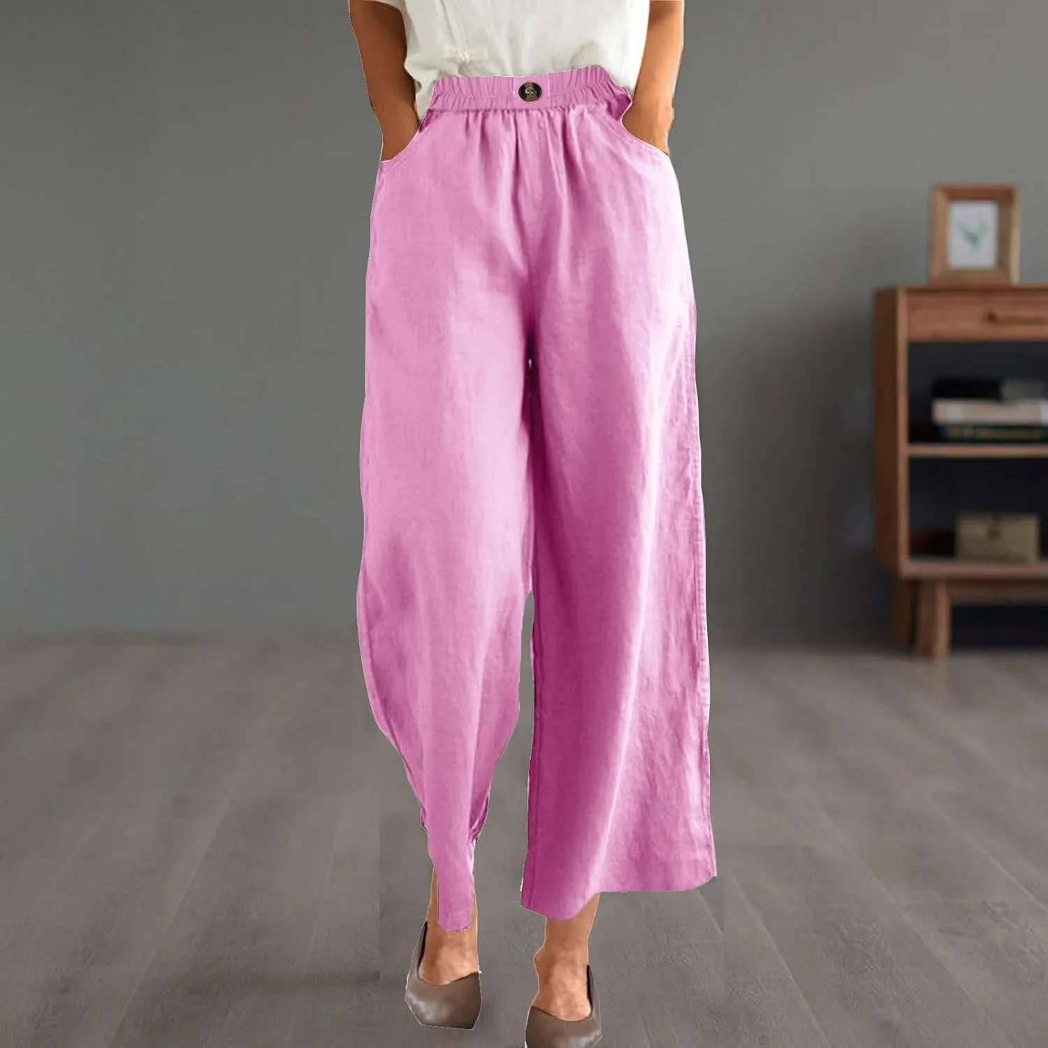 FZYLQY Womens Cotton Linen Pants Solid Button Elastic Waist Casual Wide Leg Trousers Loose Lightweight Comfy Lounge Pants