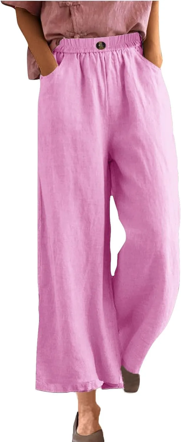 FZYLQY Womens Cotton Linen Pants Solid Button Elastic Waist Casual Wide Leg Trousers Loose Lightweight Comfy Lounge Pants