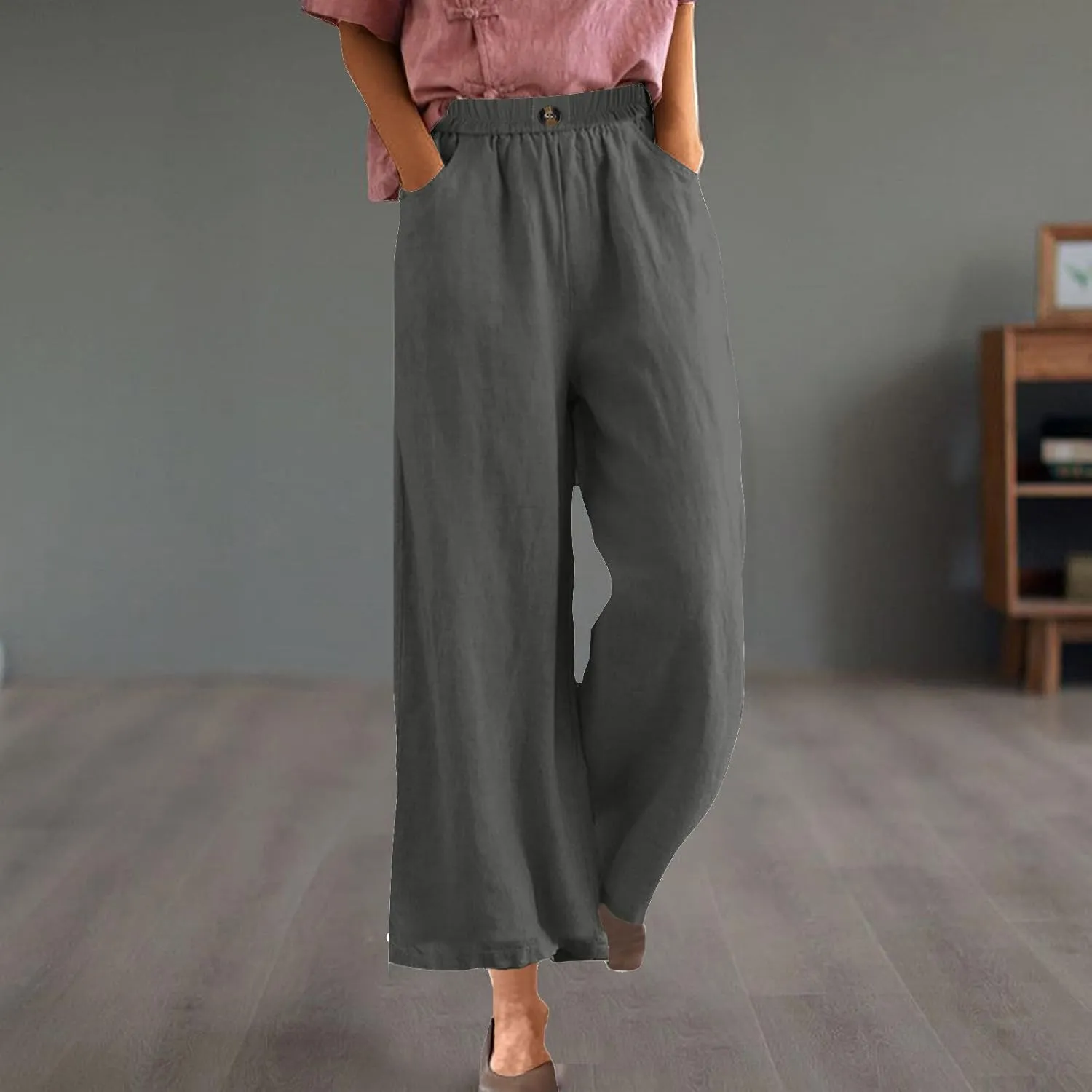 FZYLQY Womens Cotton Linen Pants Solid Button Elastic Waist Casual Wide Leg Trousers Loose Lightweight Comfy Lounge Pants