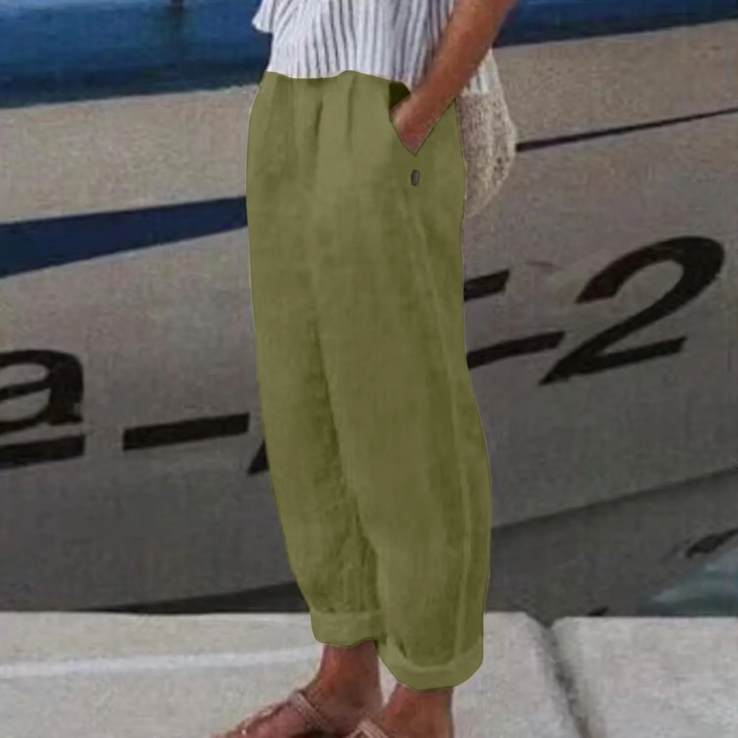 FZYLQY Women's Fashion Linen Pants Elastic Waist Solid Cotton Linen Pants Summer Casual Lounge Beach Trousers with Pockets