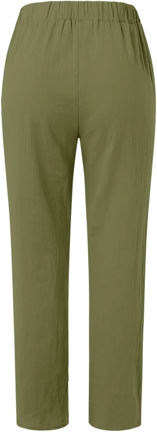 FZYLQY Women's Fashion Linen Pants Elastic Waist Solid Cotton Linen Pants Summer Casual Lounge Beach Trousers with Pockets