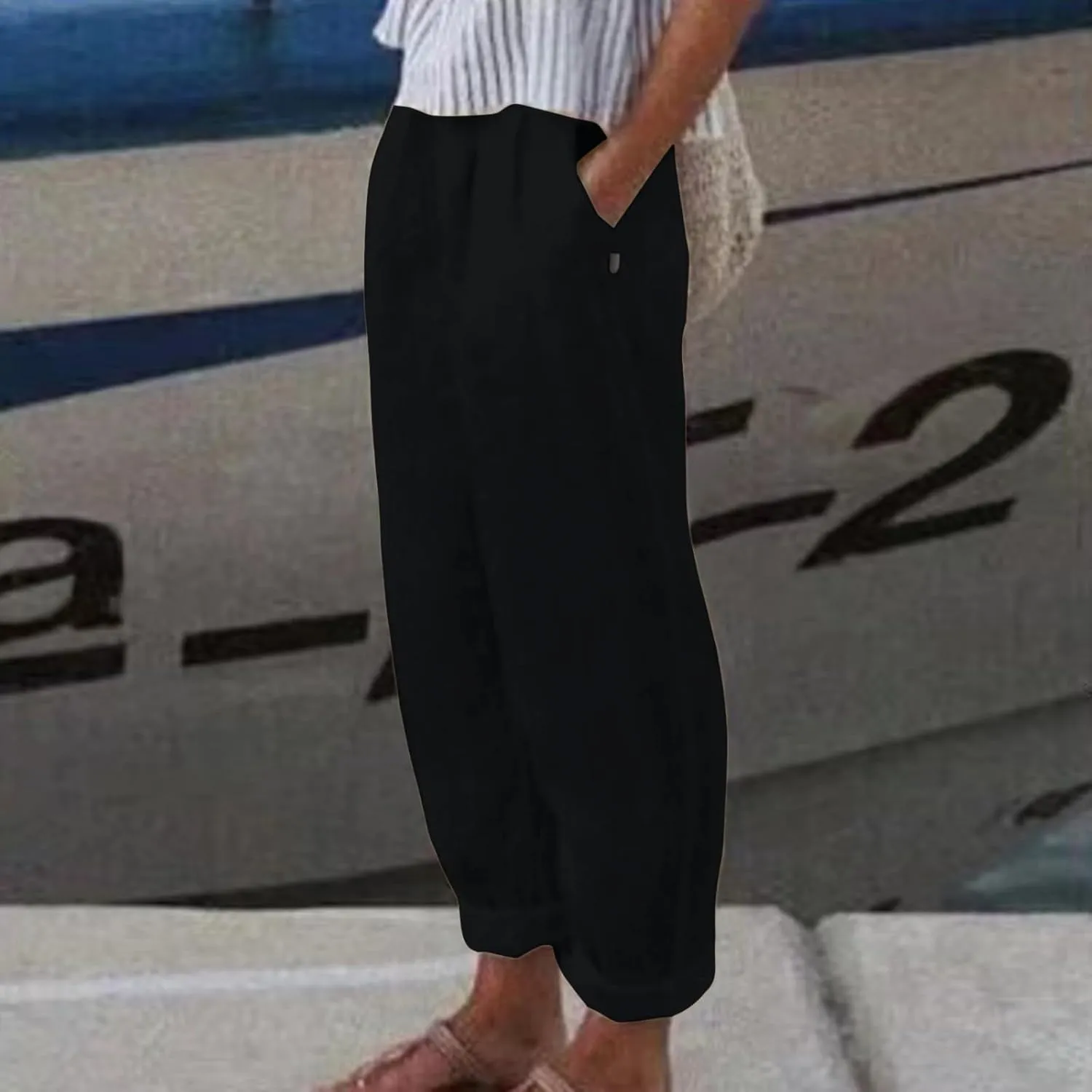 FZYLQY Women's Fashion Linen Pants Elastic Waist Solid Cotton Linen Pants Summer Casual Lounge Beach Trousers with Pockets