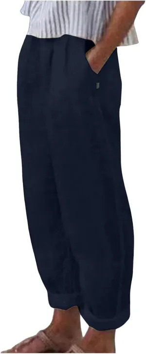 FZYLQY Women's Fashion Linen Pants Elastic Waist Solid Cotton Linen Pants Summer Casual Lounge Beach Trousers with Pockets