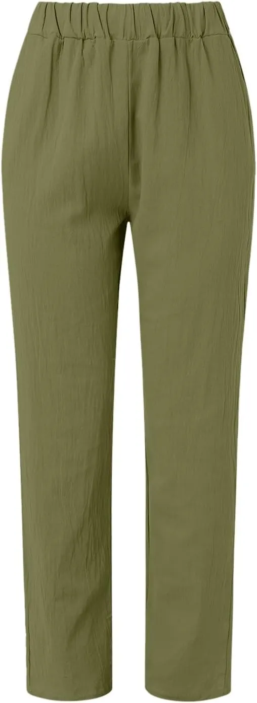 FZYLQY Women's Fashion Linen Pants Elastic Waist Solid Cotton Linen Pants Summer Casual Lounge Beach Trousers with Pockets