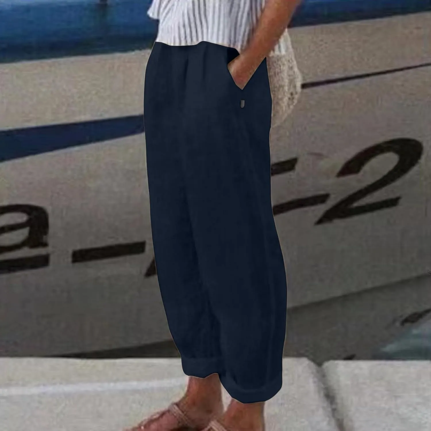 FZYLQY Women's Fashion Linen Pants Elastic Waist Solid Cotton Linen Pants Summer Casual Lounge Beach Trousers with Pockets