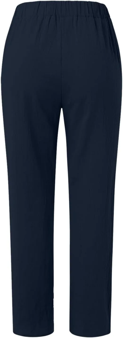 FZYLQY Women's Fashion Linen Pants Elastic Waist Solid Cotton Linen Pants Summer Casual Lounge Beach Trousers with Pockets