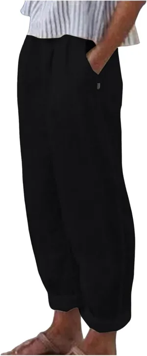 FZYLQY Women's Fashion Linen Pants Elastic Waist Solid Cotton Linen Pants Summer Casual Lounge Beach Trousers with Pockets