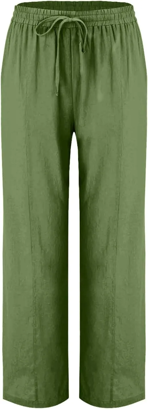 FZYLQY Womens Linen Pants 2025 Summer High Waisted Drawstring Lounge Trousers Beach Straight Wide Leg Palazzo Joggers