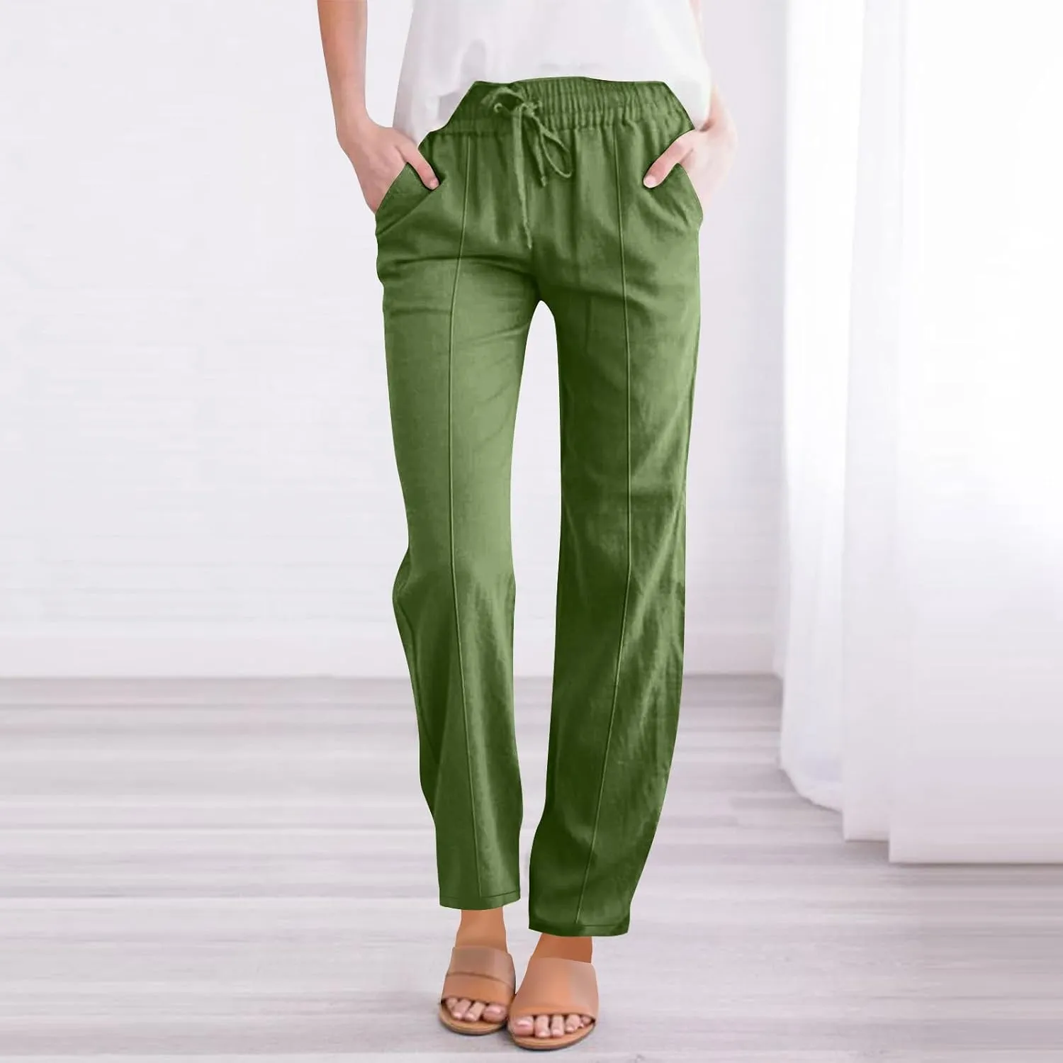 FZYLQY Womens Linen Pants 2025 Summer High Waisted Drawstring Lounge Trousers Beach Straight Wide Leg Palazzo Joggers