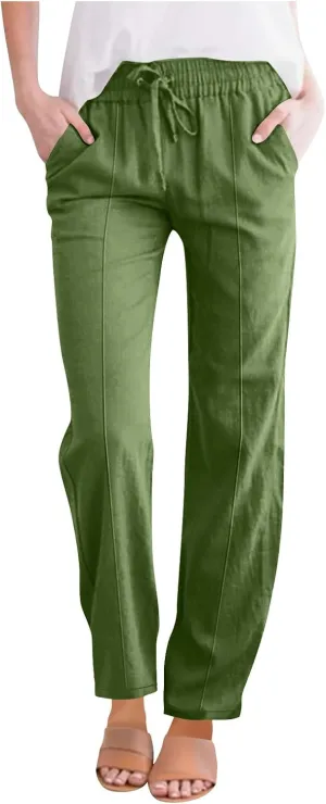 FZYLQY Womens Linen Pants 2025 Summer High Waisted Drawstring Lounge Trousers Beach Straight Wide Leg Palazzo Joggers