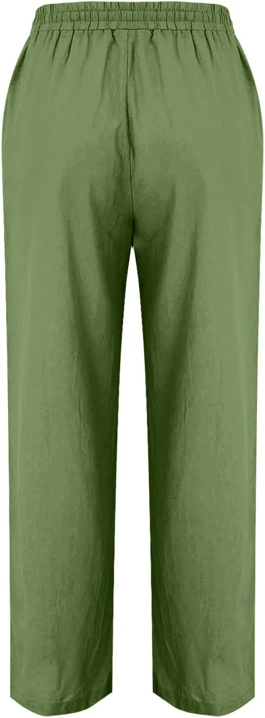 FZYLQY Womens Linen Pants 2025 Summer High Waisted Drawstring Lounge Trousers Beach Straight Wide Leg Palazzo Joggers