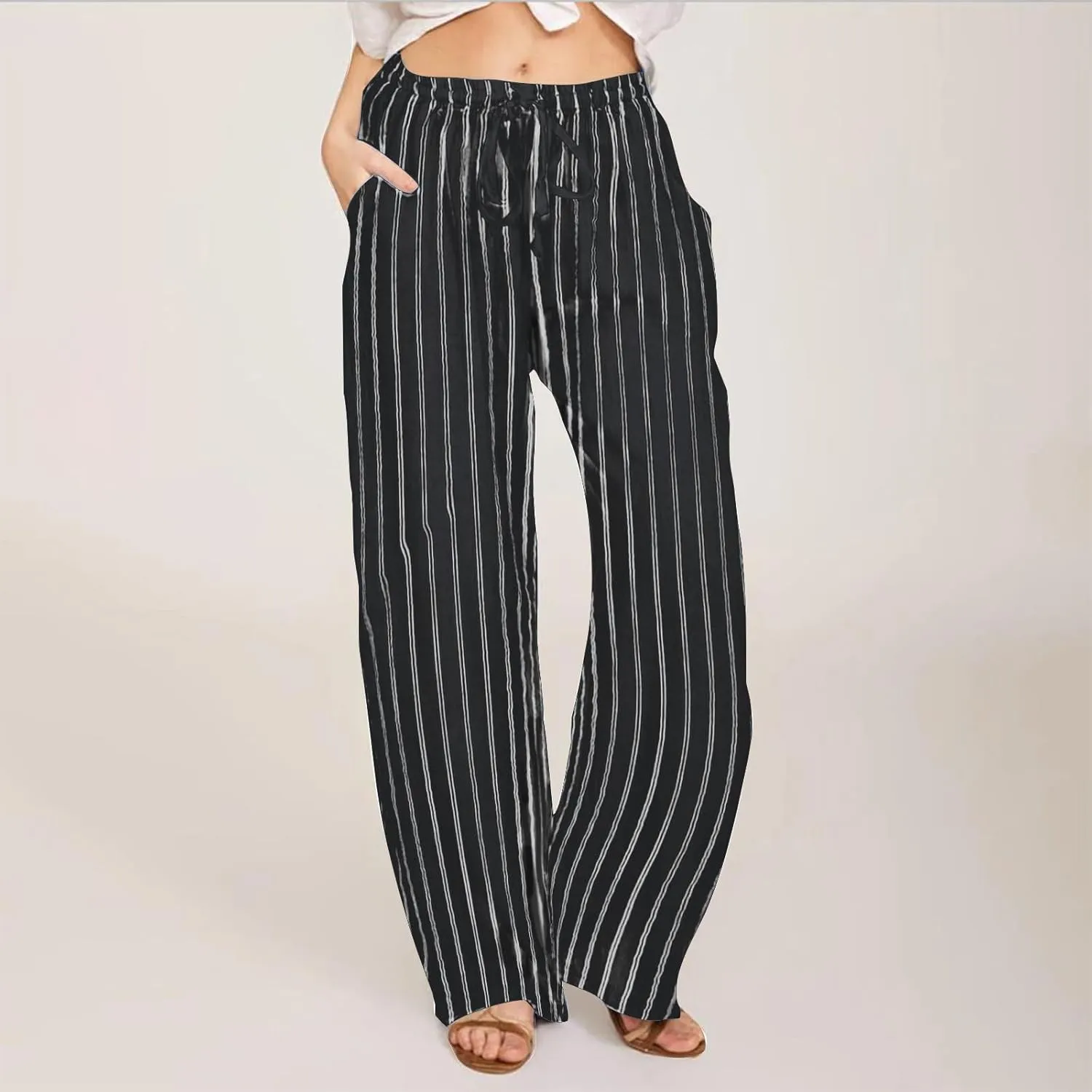 FZYLQY Women's Summer Drawstring Waist Wide Leg Loose Cotton Linen Palazzo Pants 2025 Boho Beach Travel Vacation Outfits