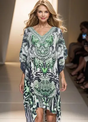Garbo green short silk Kaftan - kaftans that bling