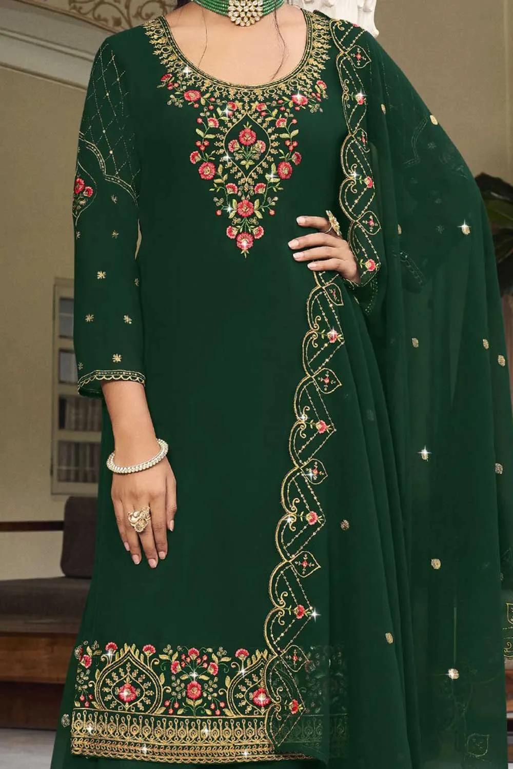 Georgette Fabric Beatific Sharara Suit In Green Color