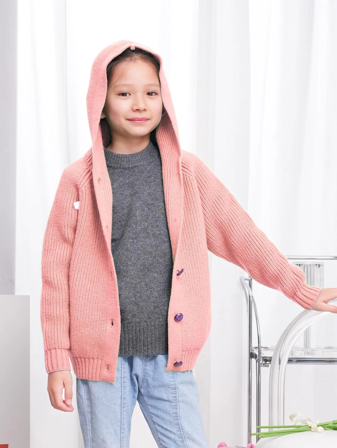 Girls Hooded Cardigan for Kids 4-12 Years, Oversized Long Sleeve Button-Up Knit Sweater, Cozy Indoor & Outdoor Wear
