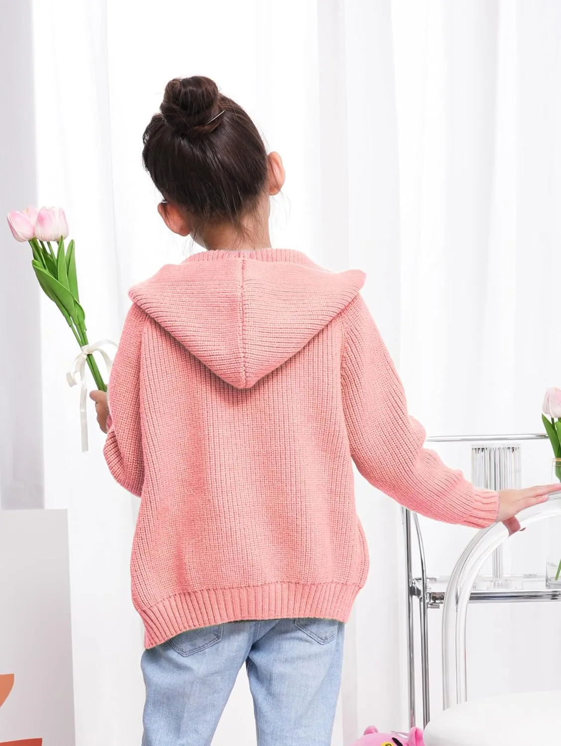 Girls Hooded Cardigan for Kids 4-12 Years, Oversized Long Sleeve Button-Up Knit Sweater, Cozy Indoor & Outdoor Wear