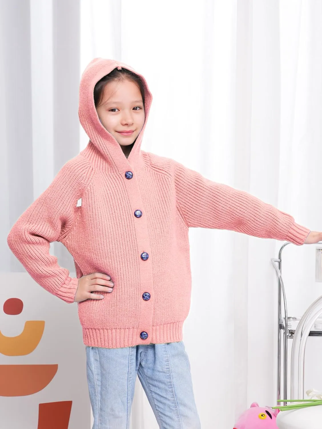 Girls Hooded Cardigan for Kids 4-12 Years, Oversized Long Sleeve Button-Up Knit Sweater, Cozy Indoor & Outdoor Wear