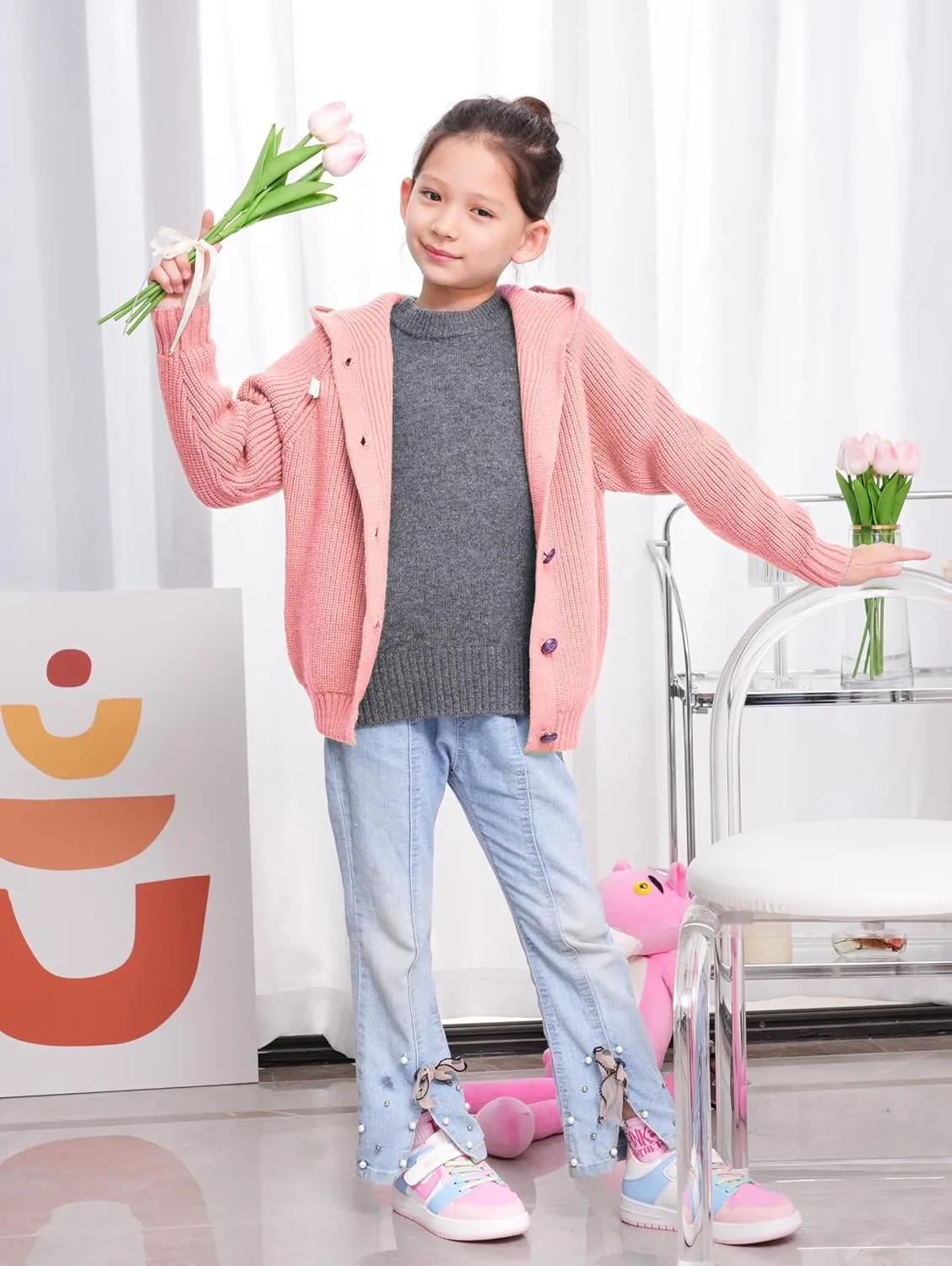 Girls Hooded Cardigan for Kids 4-12 Years, Oversized Long Sleeve Button-Up Knit Sweater, Cozy Indoor & Outdoor Wear
