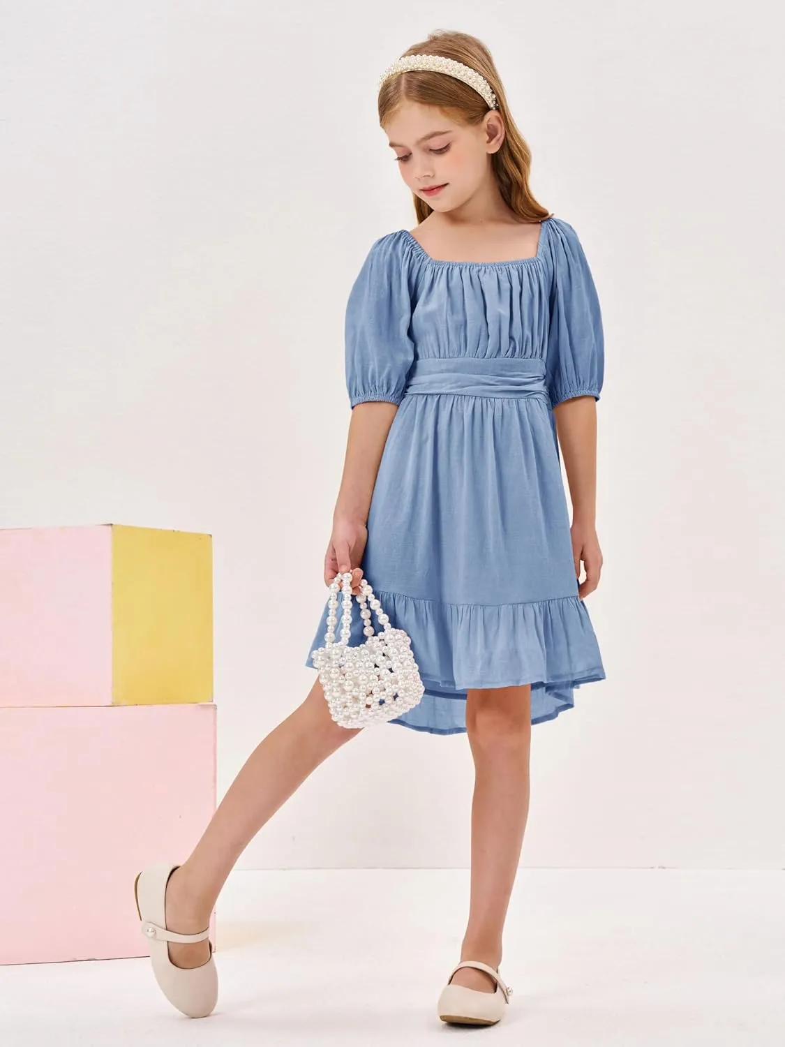 Girls Summer Dresses Square Neck Lantern Sleeve Tie Backless Ruffle A-Line Party Mini Dress