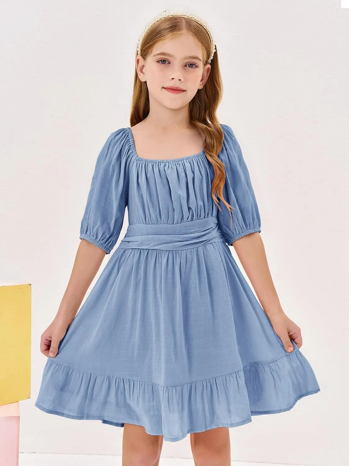 Girls Summer Dresses Square Neck Lantern Sleeve Tie Backless Ruffle A-Line Party Mini Dress