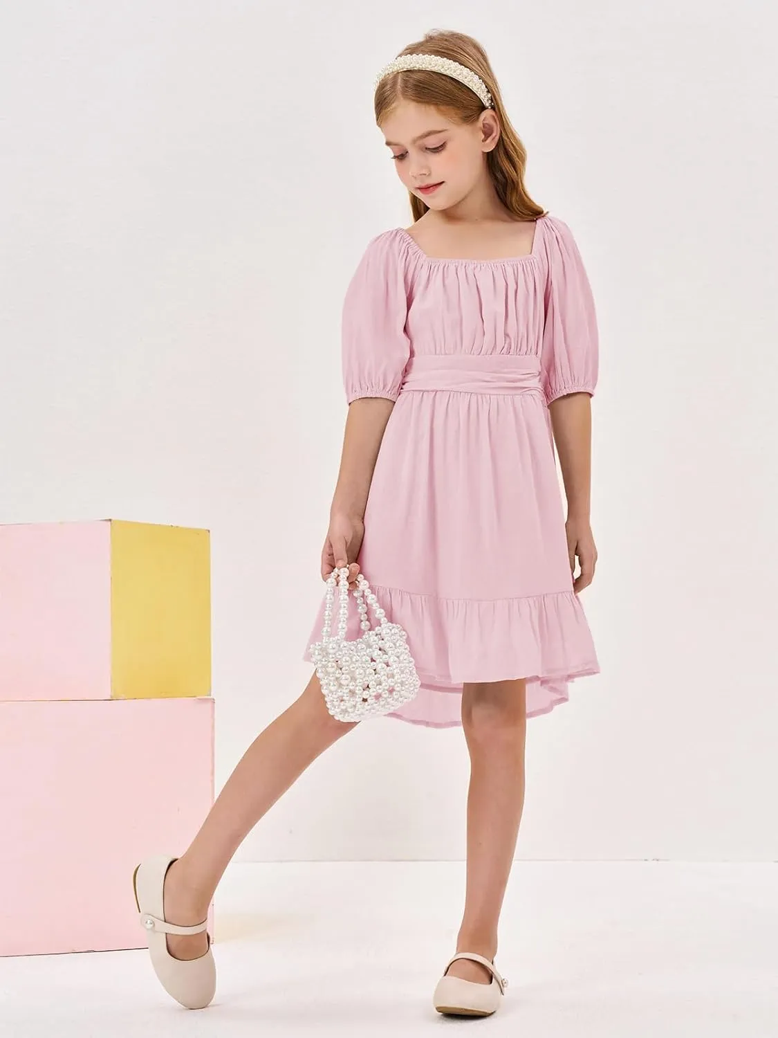 Girls Summer Dresses Square Neck Lantern Sleeve Tie Backless Ruffle A-Line Party Mini Dress