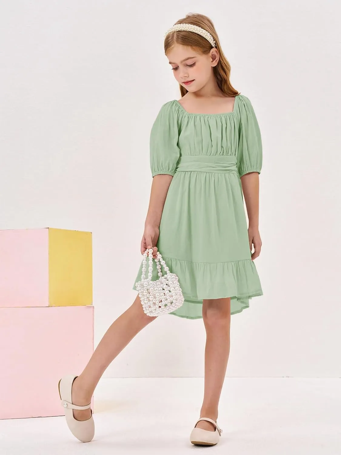 Girls Summer Dresses Square Neck Lantern Sleeve Tie Backless Ruffle A-Line Party Mini Dress