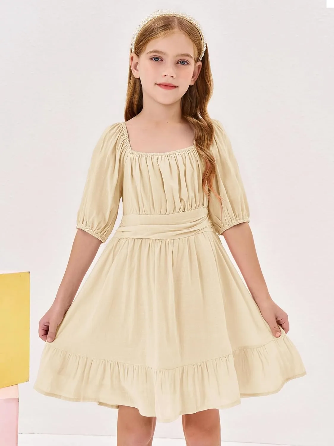 Girls Summer Dresses Square Neck Lantern Sleeve Tie Backless Ruffle A-Line Party Mini Dress