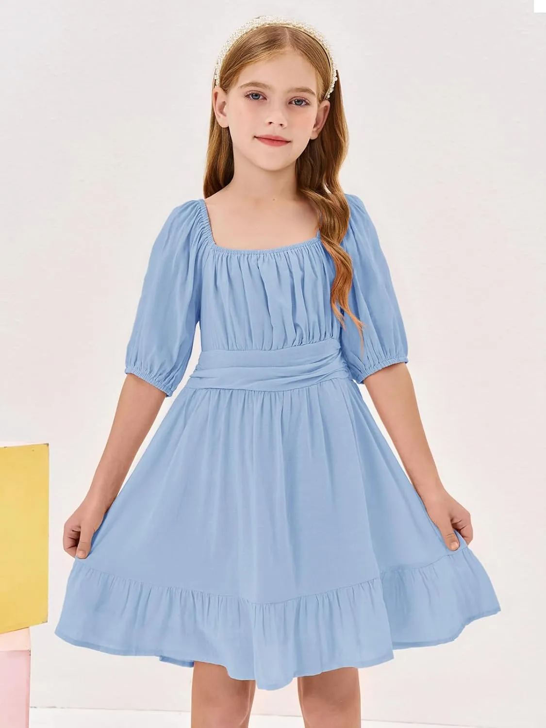Girls Summer Dresses Square Neck Lantern Sleeve Tie Backless Ruffle A-Line Party Mini Dress