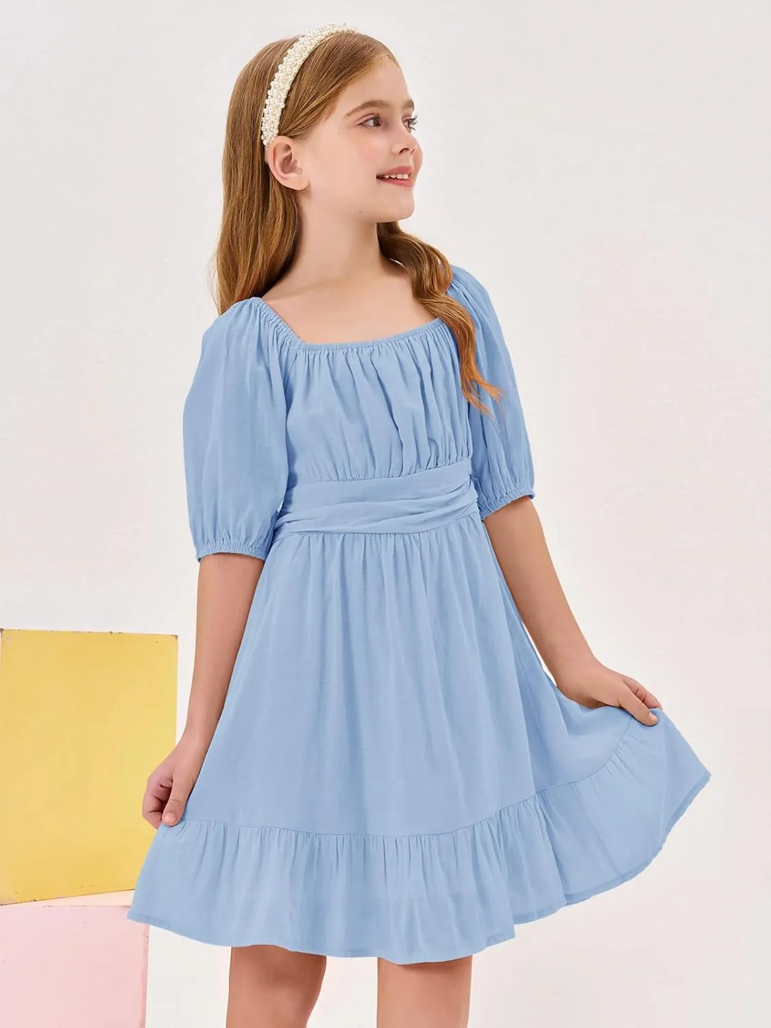 Girls Summer Dresses Square Neck Lantern Sleeve Tie Backless Ruffle A-Line Party Mini Dress