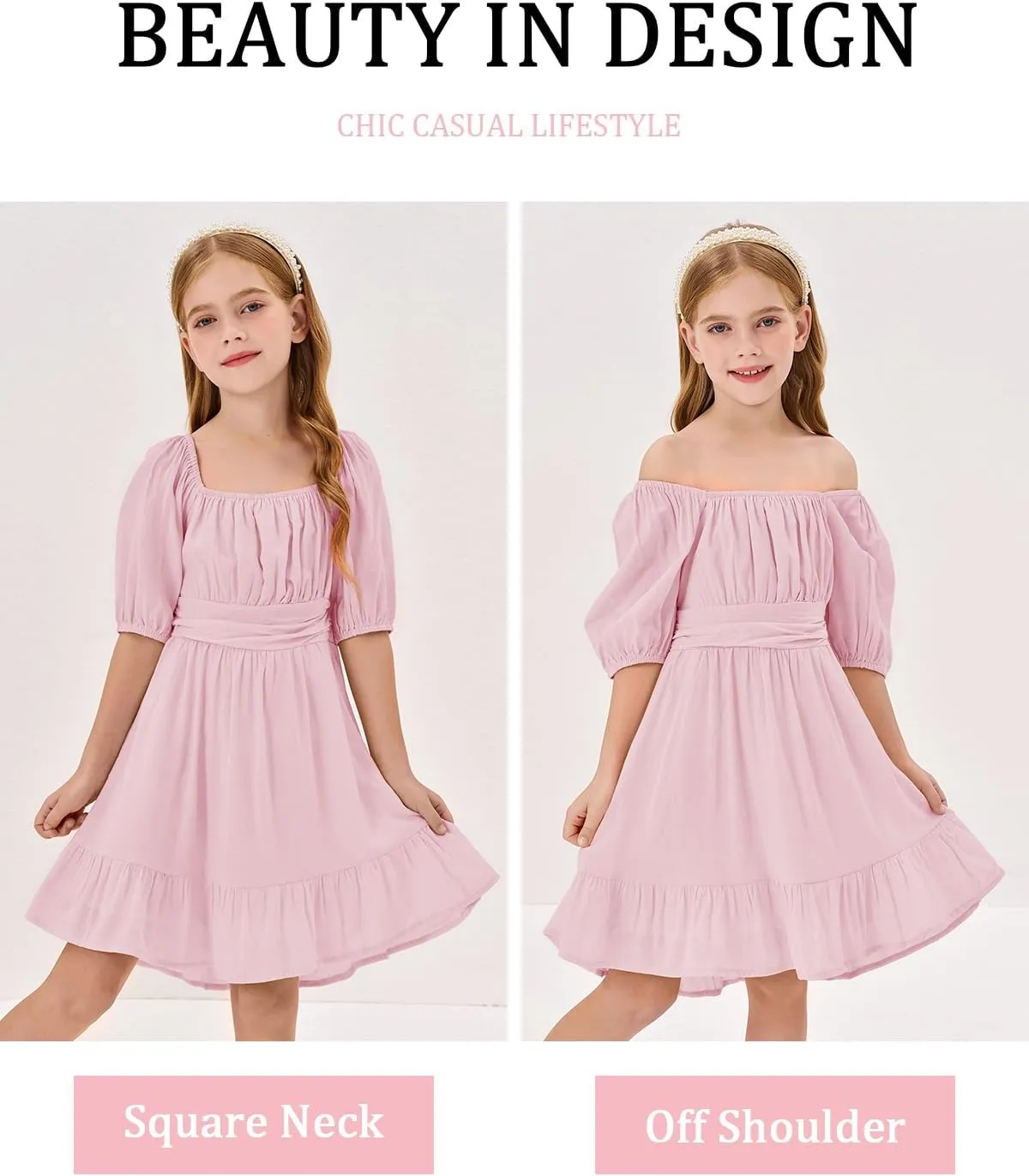 Girls Summer Dresses Square Neck Lantern Sleeve Tie Backless Ruffle A-Line Party Mini Dress