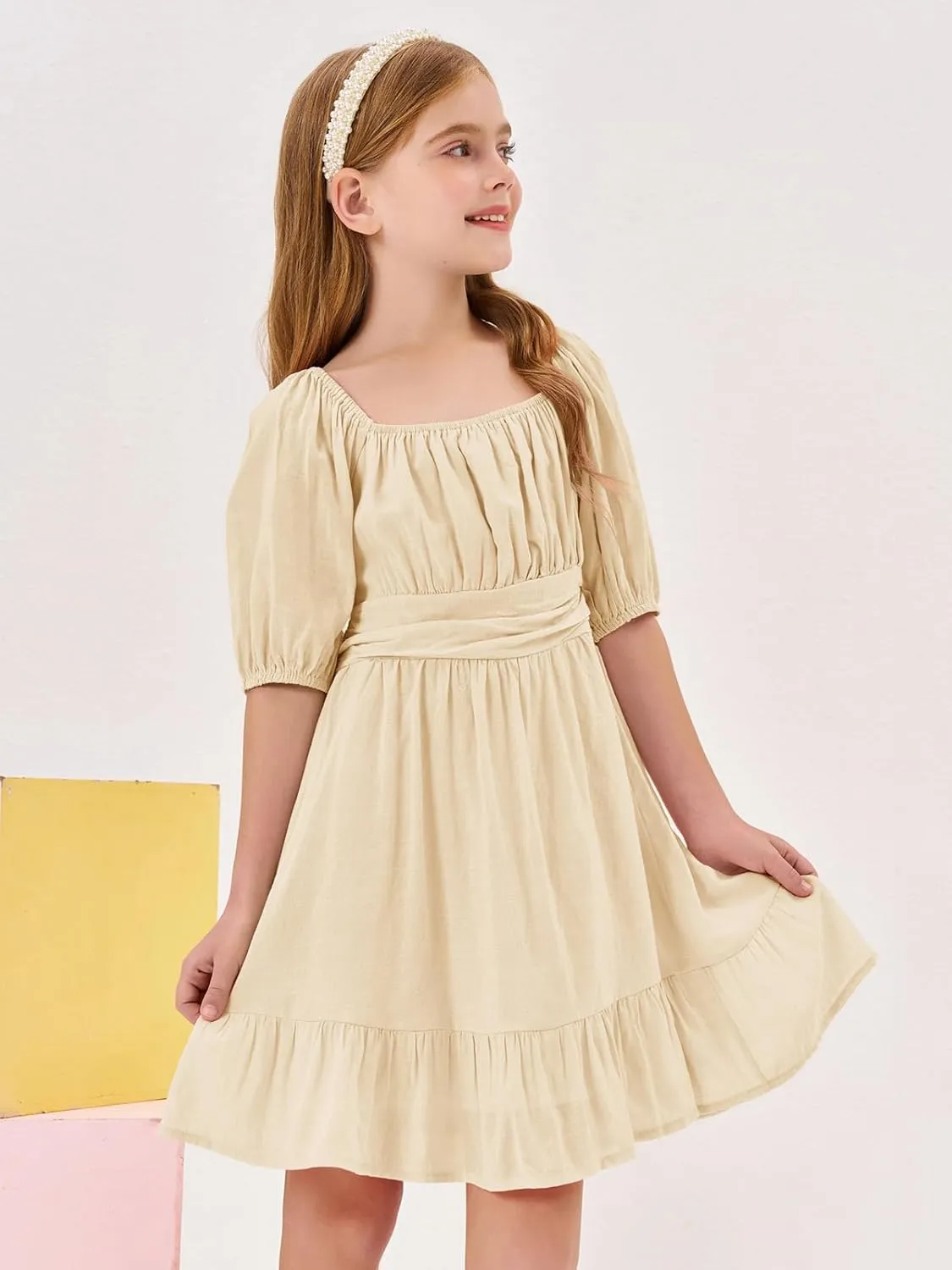 Girls Summer Dresses Square Neck Lantern Sleeve Tie Backless Ruffle A-Line Party Mini Dress