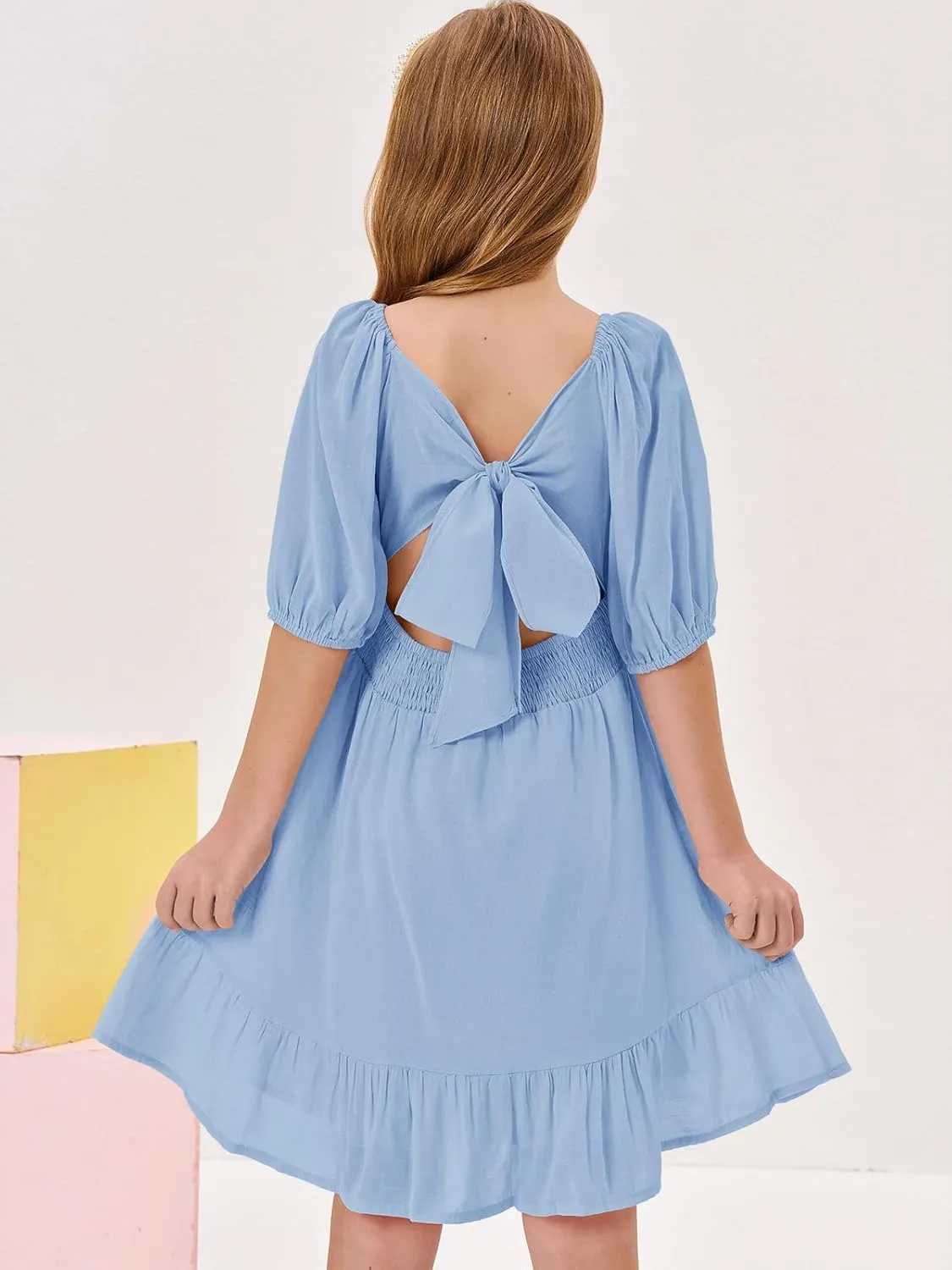Girls Summer Dresses Square Neck Lantern Sleeve Tie Backless Ruffle A-Line Party Mini Dress