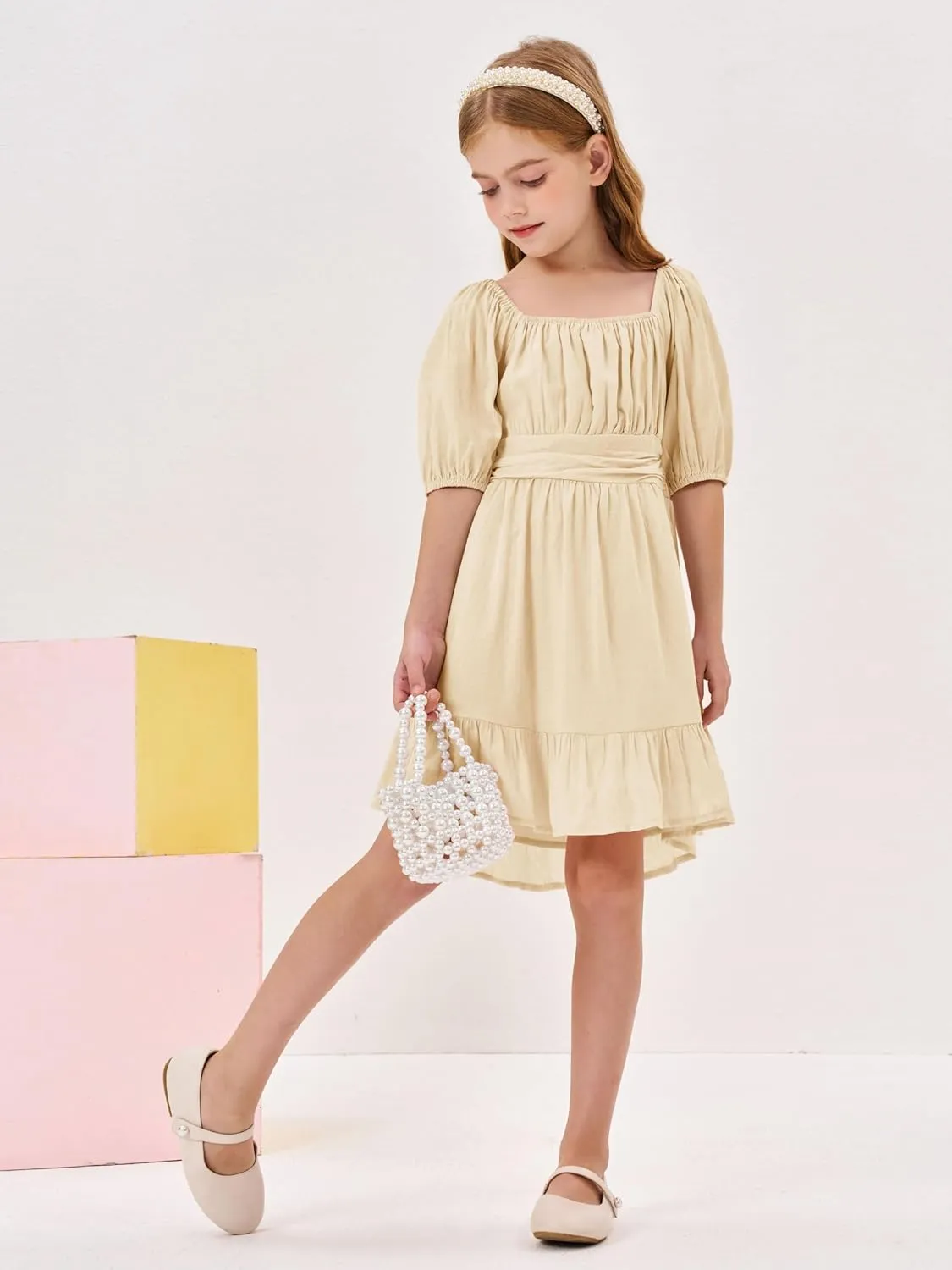 Girls Summer Dresses Square Neck Lantern Sleeve Tie Backless Ruffle A-Line Party Mini Dress