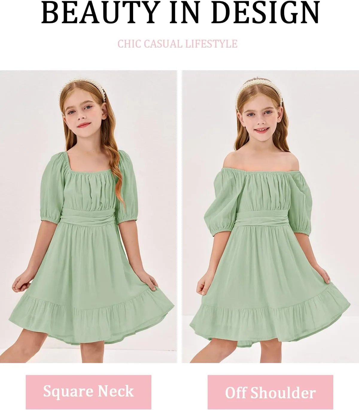Girls Summer Dresses Square Neck Lantern Sleeve Tie Backless Ruffle A-Line Party Mini Dress