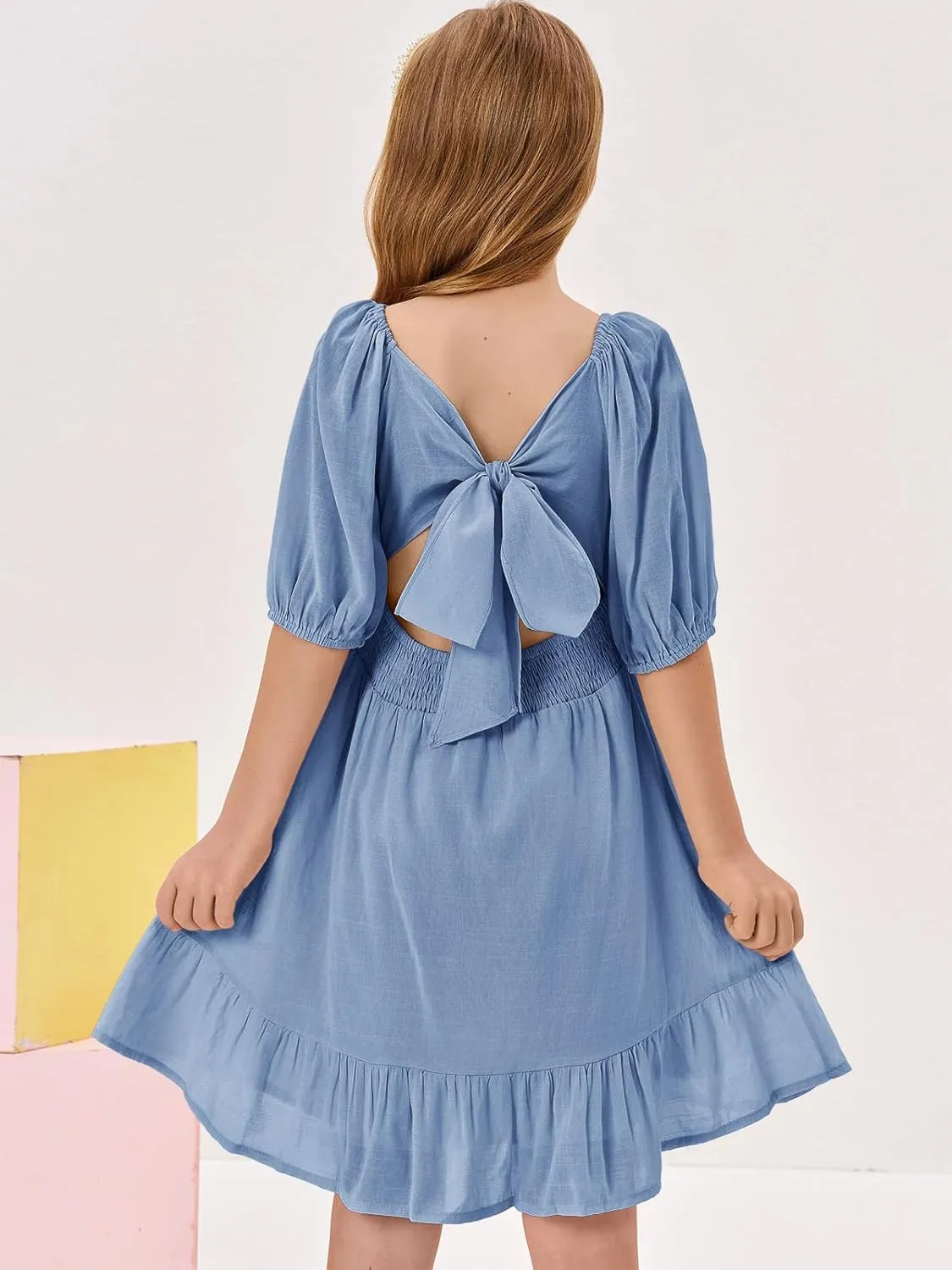 Girls Summer Dresses Square Neck Lantern Sleeve Tie Backless Ruffle A-Line Party Mini Dress