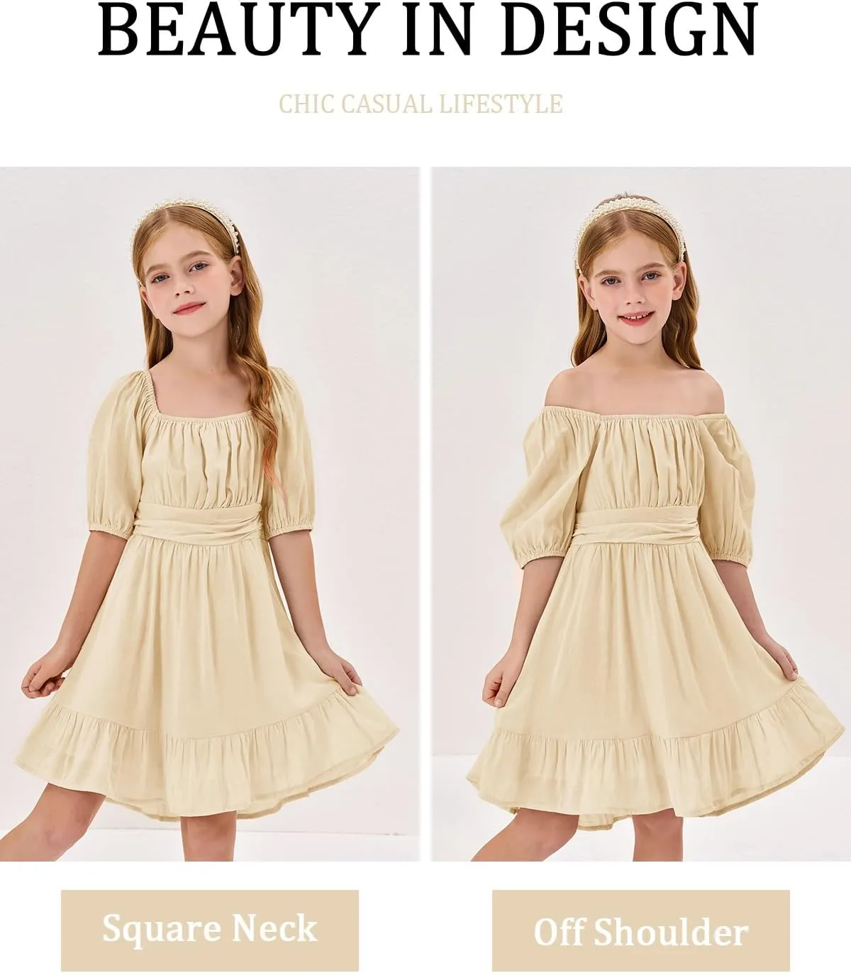 Girls Summer Dresses Square Neck Lantern Sleeve Tie Backless Ruffle A-Line Party Mini Dress