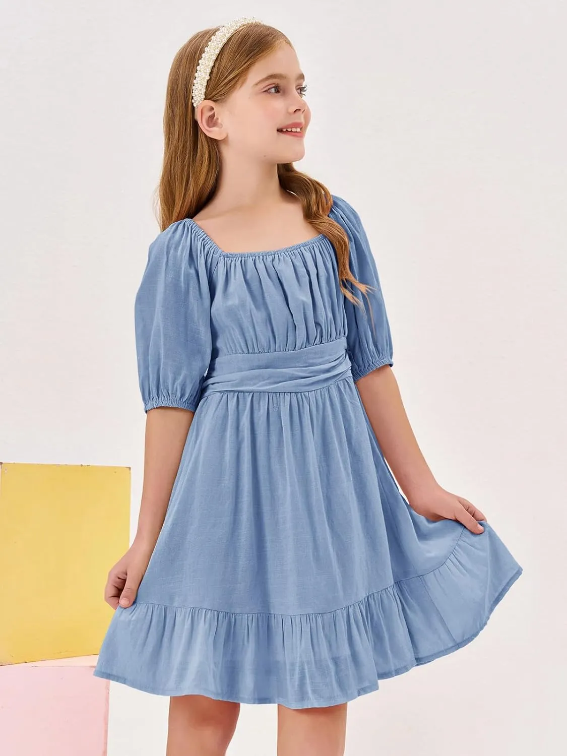 Girls Summer Dresses Square Neck Lantern Sleeve Tie Backless Ruffle A-Line Party Mini Dress