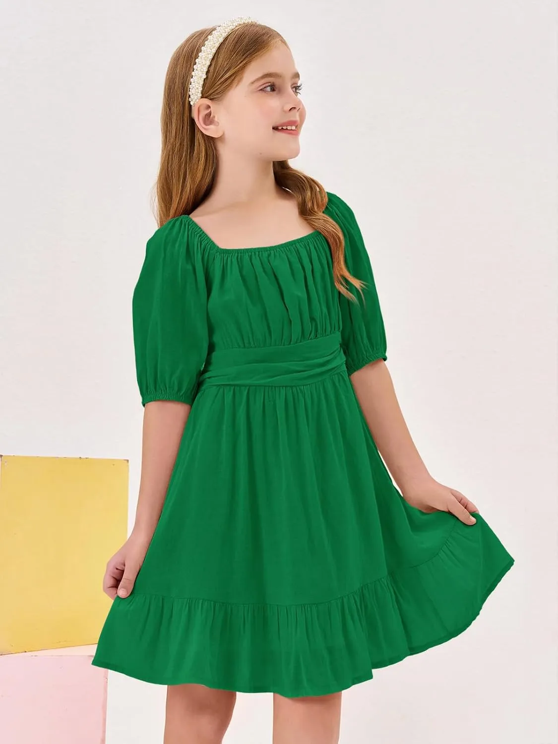 Girls Summer Dresses Square Neck Lantern Sleeve Tie Backless Ruffle A-Line Party Mini Dress