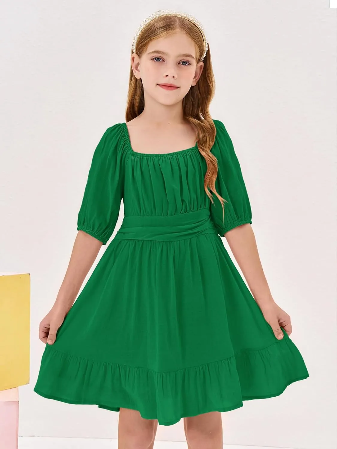 Girls Summer Dresses Square Neck Lantern Sleeve Tie Backless Ruffle A-Line Party Mini Dress