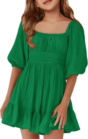 Girls Summer Dresses Square Neck Lantern Sleeve Tie Backless Ruffle A-Line Party Mini Dress