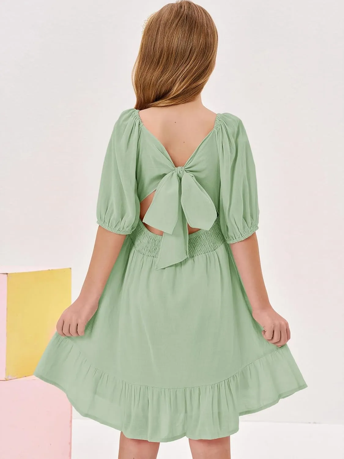 Girls Summer Dresses Square Neck Lantern Sleeve Tie Backless Ruffle A-Line Party Mini Dress