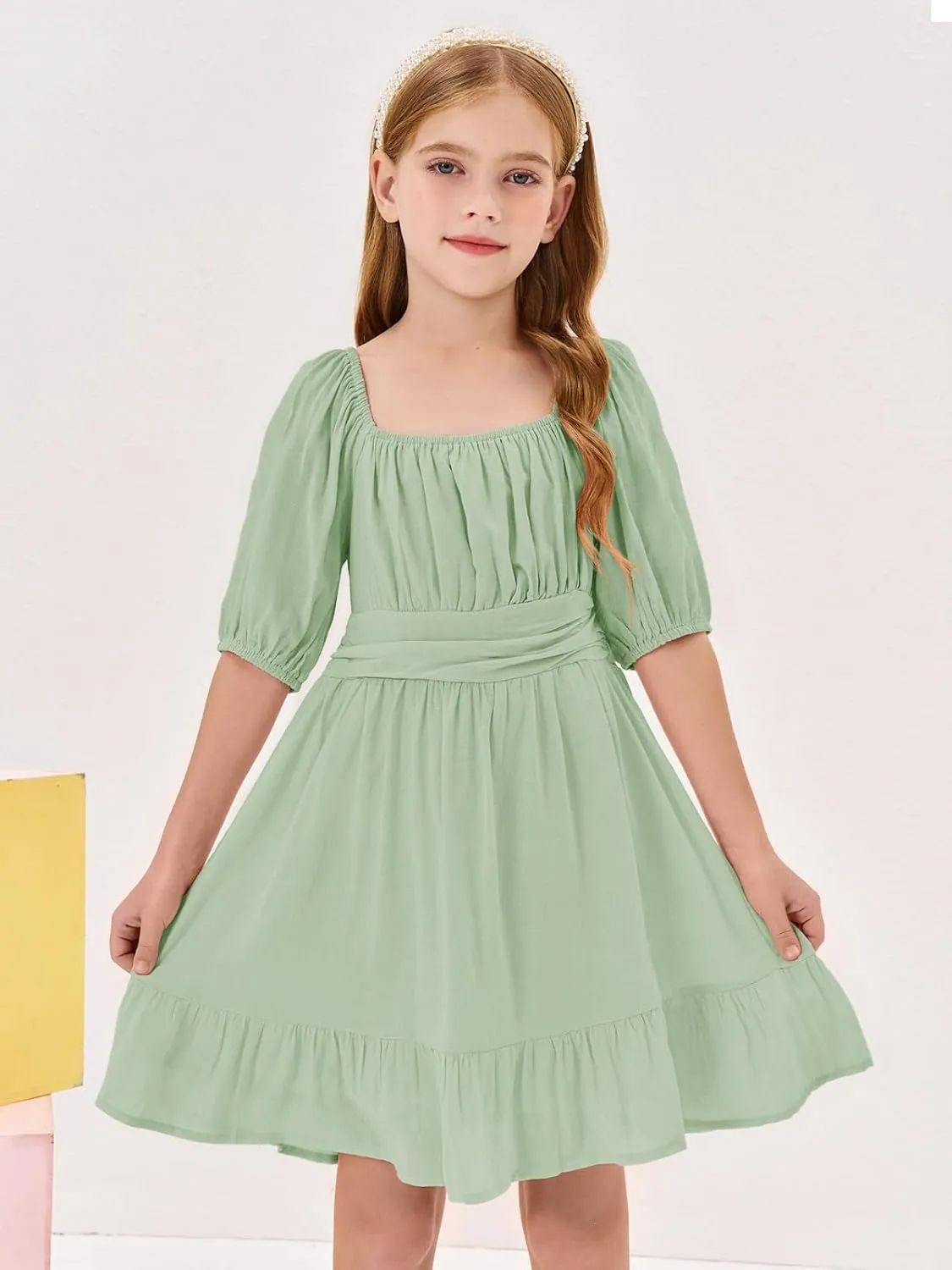 Girls Summer Dresses Square Neck Lantern Sleeve Tie Backless Ruffle A-Line Party Mini Dress