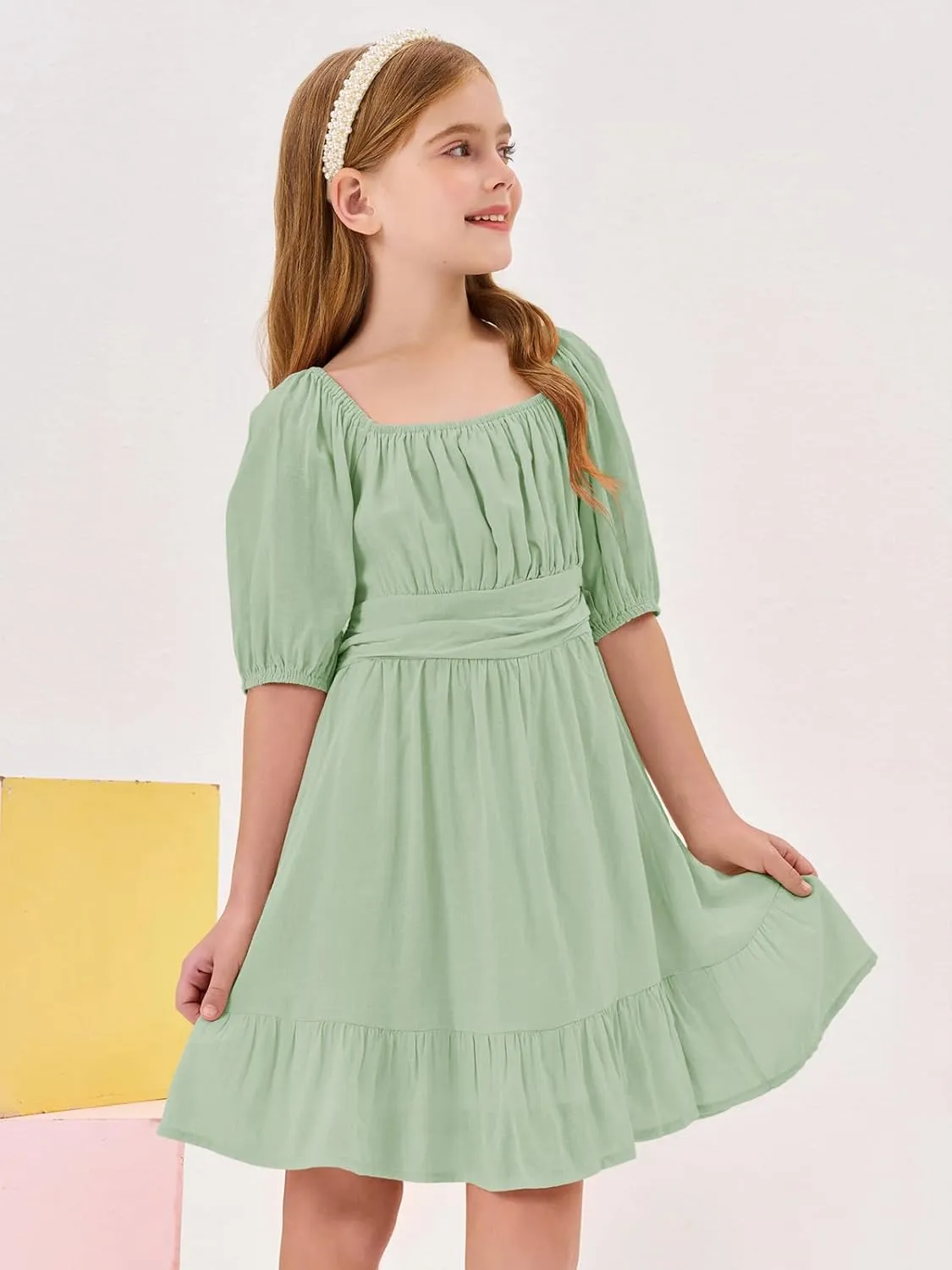 Girls Summer Dresses Square Neck Lantern Sleeve Tie Backless Ruffle A-Line Party Mini Dress