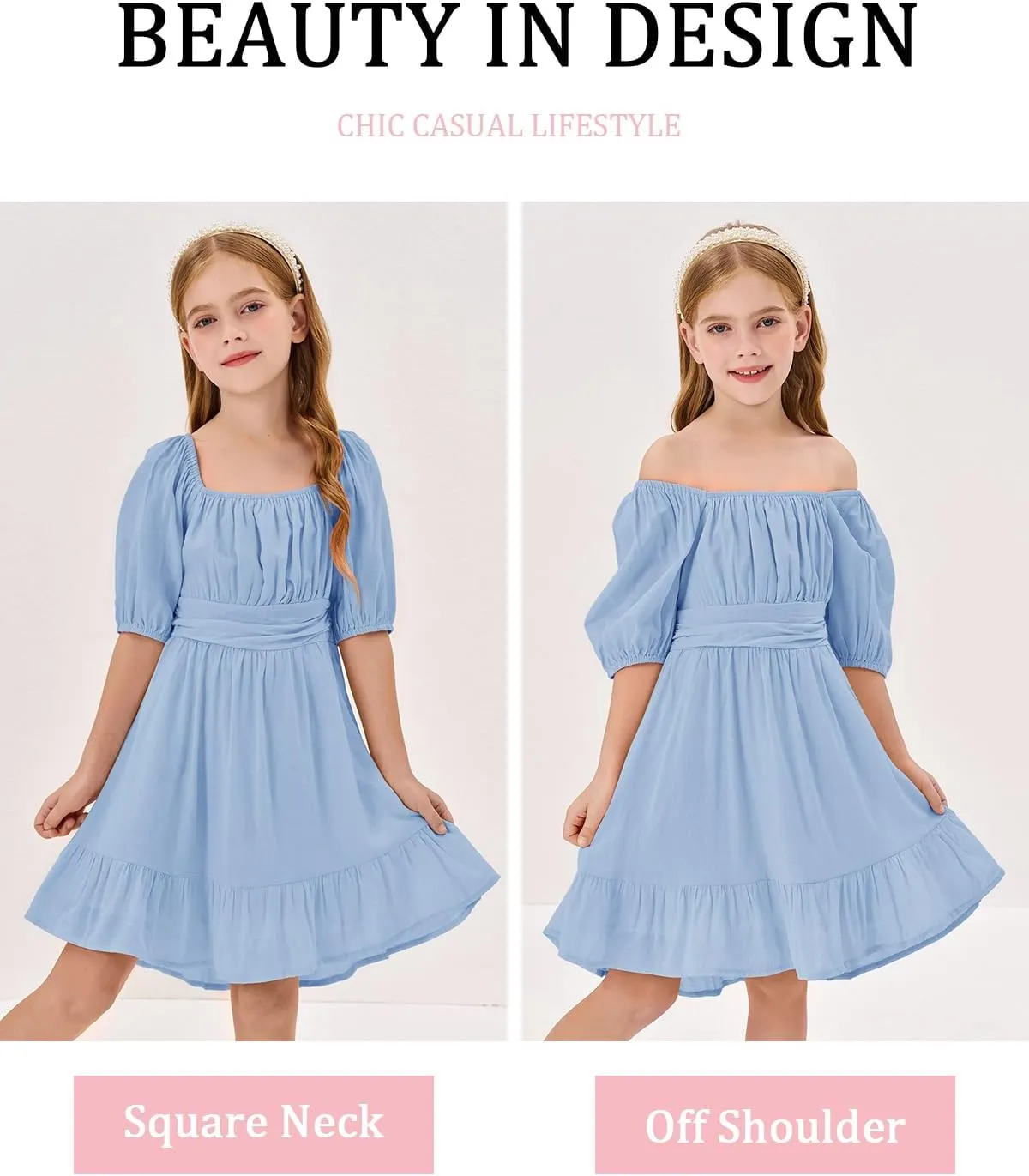 Girls Summer Dresses Square Neck Lantern Sleeve Tie Backless Ruffle A-Line Party Mini Dress