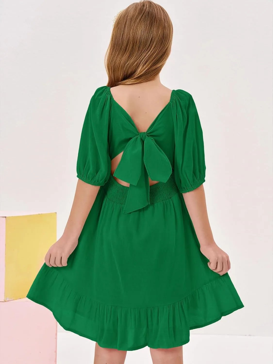Girls Summer Dresses Square Neck Lantern Sleeve Tie Backless Ruffle A-Line Party Mini Dress