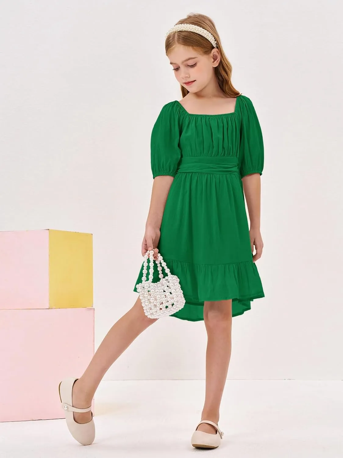 Girls Summer Dresses Square Neck Lantern Sleeve Tie Backless Ruffle A-Line Party Mini Dress
