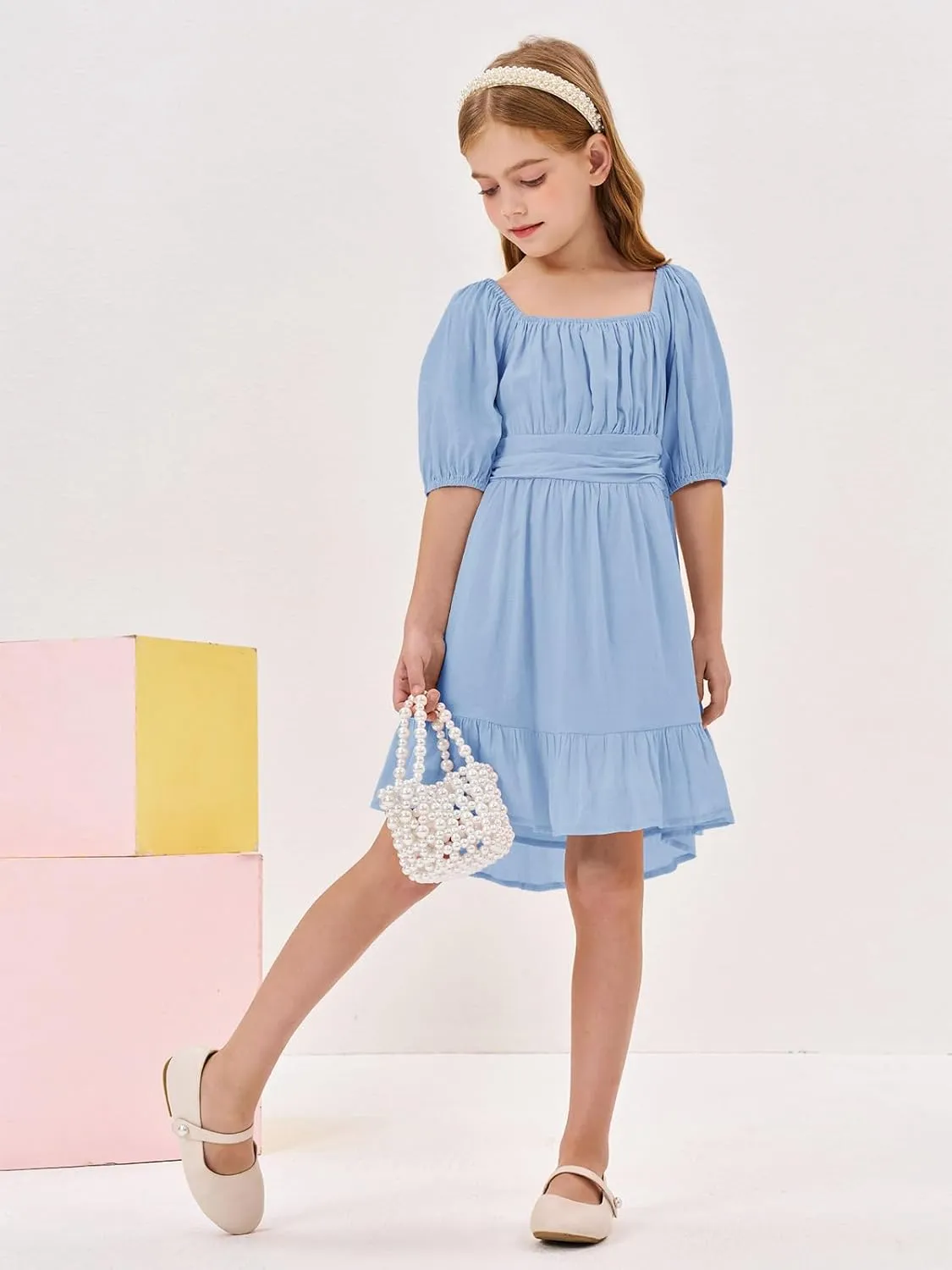 Girls Summer Dresses Square Neck Lantern Sleeve Tie Backless Ruffle A-Line Party Mini Dress